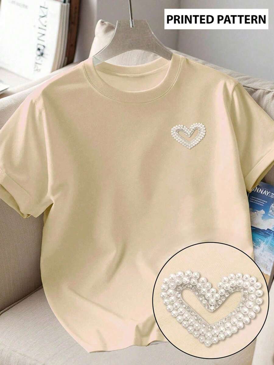 Playeras modernas con estampado de corazón de perlas – Juveniles, cómodas y - Beis - Ver 1