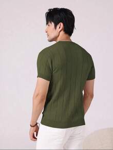 Men's Casual Crew Neck Solid Color Short Sleeve Knit T-Shirt - Green - View 2
