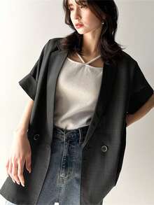 LEBINDY Women's Jacket, Short Sleeve, Plus Size, Long, Loose, Tailored, Double-Breasted, Linen, Linen-Like Short Sleeve Shirt Jacket.
