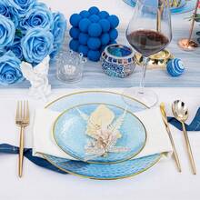 1pc/25pcs 7.5/10.25 Inch Blue Transparent Gold Rim Dinner Plates, Elegant Dessert Plates For Afternoon Tea, High-End Reusable Dinnerware - Blue With Gold Edges - View 6