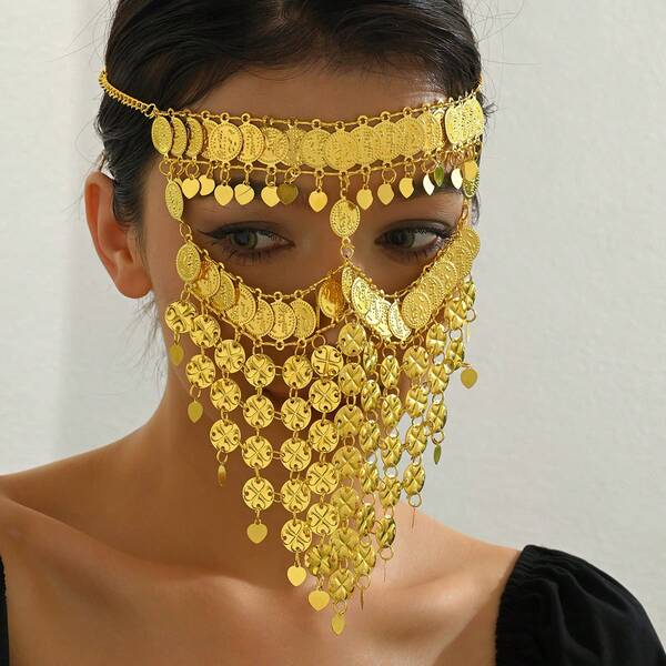 1pc Vintage Arabic Four-Leaf Tassel Pendant Headchain, Arabic Letter & Coin Pattern, Shiny Stage Performance Accessory, Veil Decor