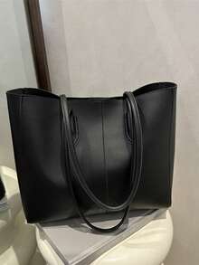 2pcs Women Black Quilted Lining Shoulder Tote Bag, Fashion Large Capacity Combination Handbag With Snap Closure, Casual Street Style For Photography, Daily Commute