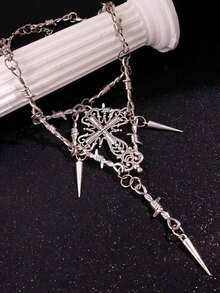 1pc Punk Layered Metal Cross Chain Necklace, Fashion Jewelry Gift For Women, Party Accessory - Black - View 5