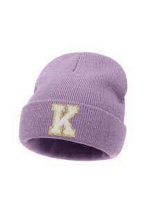 1pc Kids Embroidered 26 Letters Knit Beanie Hat, Children's Warm & Soft Knitted Hat, Unisex Baby Personalized Casual Knit Cap, Suitable For Daily Wear - Purple - View 8