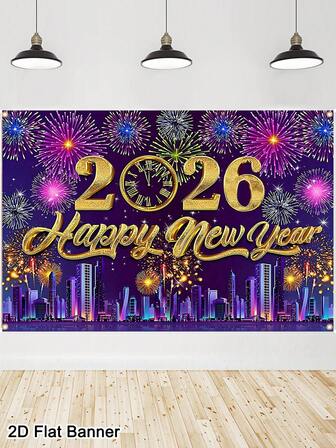 120x80cm 2026 新年快乐背景，五彩缤纷的烟花时钟城市夜景图案，涤纶面料新年标志海报横幅，新年照片展台背景派对装饰，新年派对用品，2026 年新年快乐装饰