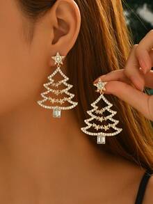 1 Pair Christmas Series Earrings, Fashionable & Unique Holiday Style Christmas Tree Rhinestone Dangle Earrings, Suitable For Holiday Parties