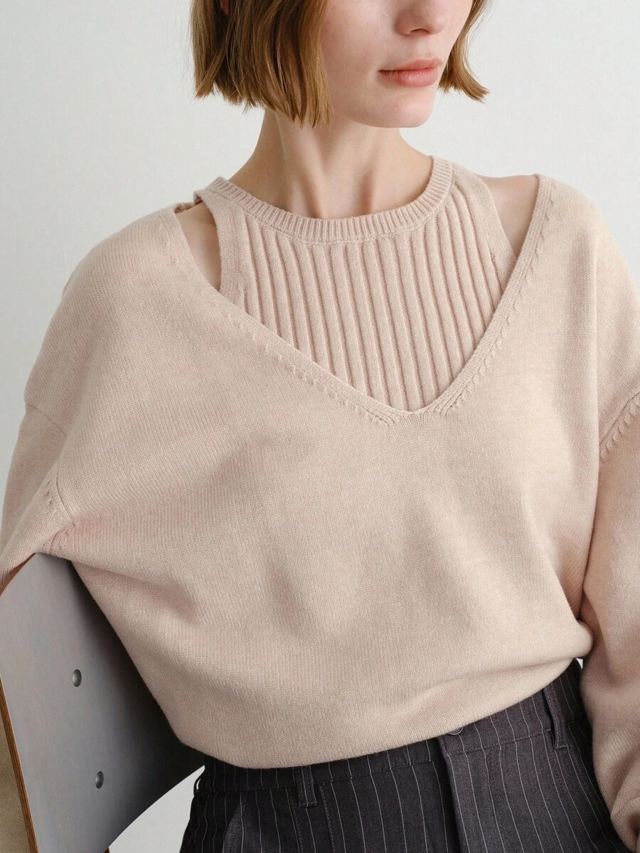 FRIFUL Bộ áo len dệt kim màu trơn, thường ngày & đi làm, mùa thu - Màu be - Xem 1