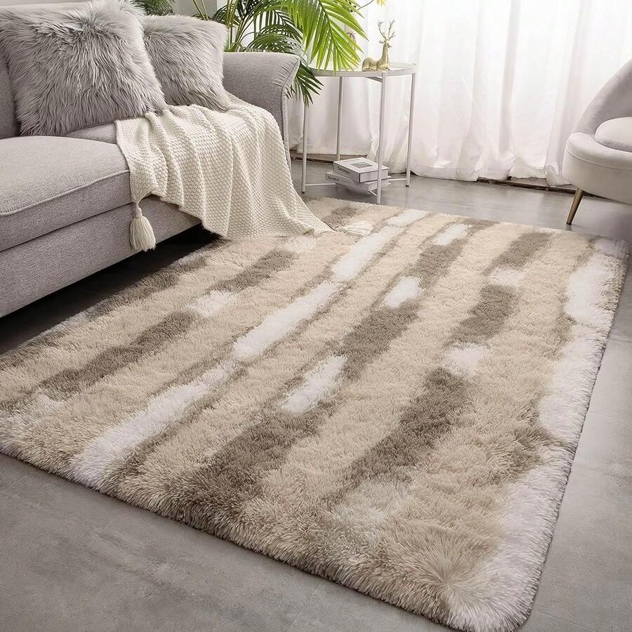 Meralax Area Rugs For Living Room Bedroom, Machine Washable 4x6 Feet Soft Fluffy Shaggy Bedside Rug, Beige And White Indoor Floor Carpet For Kids Boys, Dorms, Nursery Rooms, Home Decor Aesthetic - 米白色條紋 - 查看 1