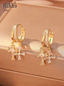 Hihho 1 Pair Vintage Copper Double Cross Hoop Earrings, Elegant & Fashionable Earrings For Women - Cross - View 16
