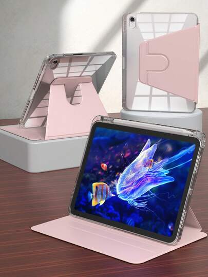 这款旋转保护套兼容 iPad 第 5/6/7/8/9/10/11 代、iPad Mini 第 6/7 代、iPad Air 第 1/2/3/4/5 代、11 英寸 (M2)/11 英寸 (M3)/13 英寸 (M2)/13 英寸 (M3) 以及 iPad Pro 12.9 英寸（第 3/4/5/6 代）。它配备集成式 Apple Pencil 收纳槽、360 度旋转保护支架、透明背板，并支持自动唤醒/睡眠功能。提供透明粉色亚克力材质可选。