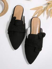 Zapatos de mula negros, mocasines sin talón de punta afilada para mujer, de tela, con decoración de lazo, versátiles y elegantes mulas planas para todas las estaciones - Negro - Ver 7