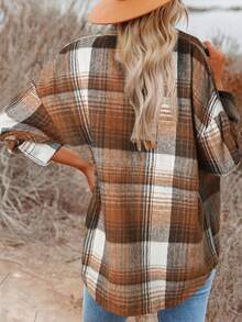 Acelitt Women's Brown Plaid Turndown Collar Pocket Casual Shacket, Autumn/Winter - Multicolor - View 2