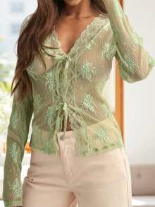 Womens Tie-Up Front Tops Long Sleeve V Neck Slim Fit Sheer Lace Shirts Spring Fall Blouses - 綠色 - 查看 6