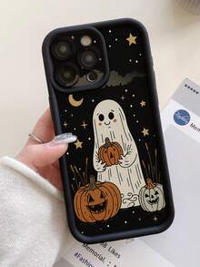 1pc Halloween Ghost & Pumpkin Lantern Pattern Phone Case With Precise Cutouts To Protect Camera, Shock-Proof Thick Black Cover For IPhone 11 Pro Max/12 Pro Max/13 Pro Max/14 Pro Max/15 Pro Max/16 Plus/16 Pro Max, 16E, Galaxy A55/A15/S24 Ultra/S25 Ultra, Redmi, OPPO/Realme, VIVO, Infinix, Honor, MOTO, One Plus