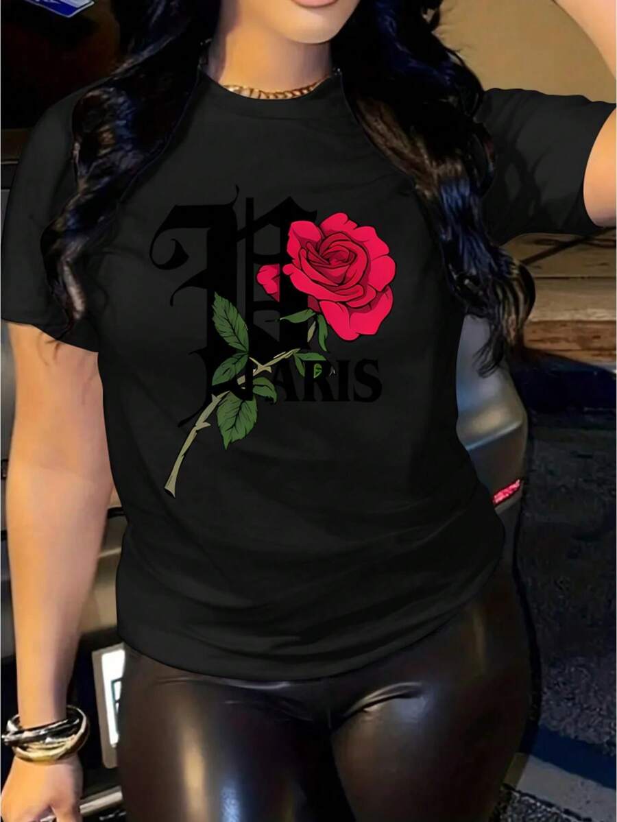 Rose & Letter Print Comfy T-Shirt, Round Neck Short Sleeve Sports Tee, Women's Activewear Tee For Adult, Men, Women, Teen, Teenager, Adolescent, Youth