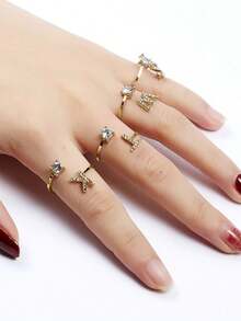 礼盒装 26 字母奢华水钻金色开口戒指，适合女性婚礼订婚派对生日礼物 - 金色 - 查看 5