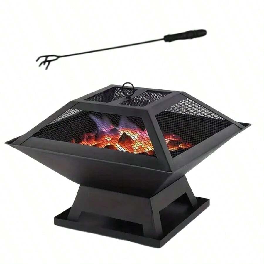 Outdoor Charcoal Pit, Equipped With A Charcoal Hook, Fireproof Cover, Portable Barbecue Grill, Fireproof Lid, And Charcoal Hook. Suitable For Barbecuing, Camping, And Backyard Use. - 黑色 - 查看 1