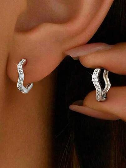 1对简约波浪形锆石耳环，925纯银，女士日常装饰耳环，精致珠宝