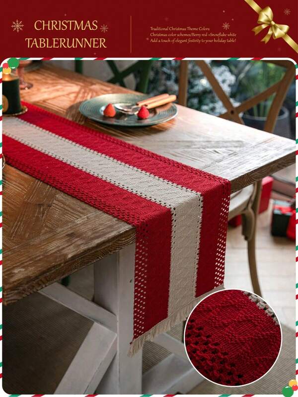 1pc Christmas Red Striped Woven Table Runner, American Vintage Countryside Style Natural Tassel Decor, Daily/Festival Dining Party Decoration, Kitchen Backdrop