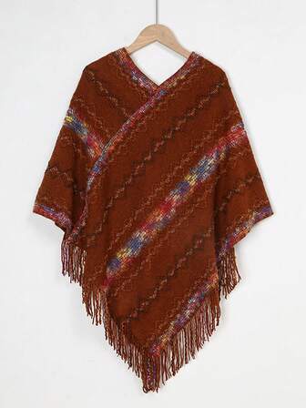 1pc Women's Lightweight Colorful Diamond Lattice Tassel Knit Poncho Shawl, Fashionable Casual Warm Wrap For Everyday Use