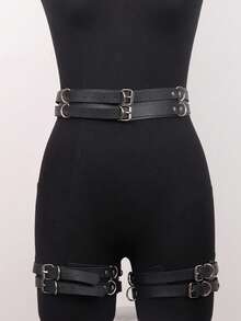 1pc Sexy Garter Belt PU Leather Restraint Strap Gothic Lingerie Body Waist Belt Thigh High Stockings Suspender Leg Restraint - Black - View 2