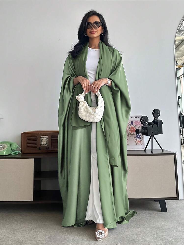 中东风格宽松纯色长袍，蝙蝠袖，配头巾，春季款 Abaya。 - 淺綠色 - 查看 3