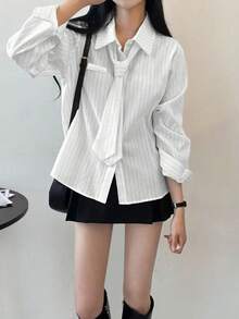 2025 Spring/Summer Striped Print Casual/Office Lady Long Sleeve Shirt (With Tie) - White - View 1