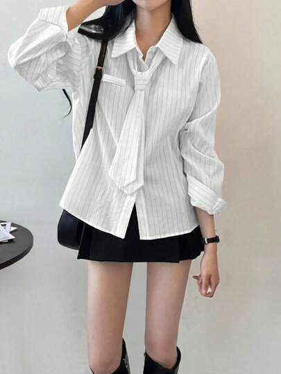 2025 Spring/Summer Striped Print Casual/Office Lady Long Sleeve Shirt (With Tie)
