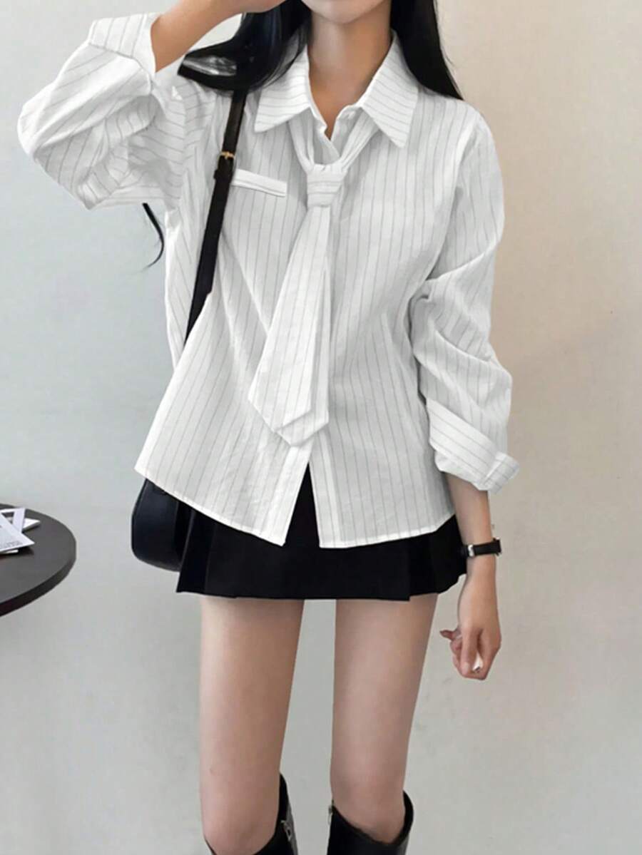 2025 Spring/Summer Striped Print Casual/Office Lady Long Sleeve Shirt (With Tie) - White - View 1