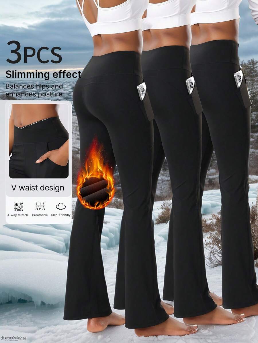 3 Stück Damen Thermofutter Radfahrhose, Sport Schlaghose, Hoher Bund formende Leggings, mit 2 Taschen, geeignet für Fitness, Yoga, Laufen, Outdoor Sport, Radfahren, Herbst/Winter, Fleece
