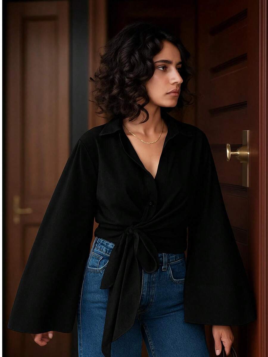 Wide Cuffed Sleeve Detailed Tie Front Poplin Shirt - Dark Wash - View 1