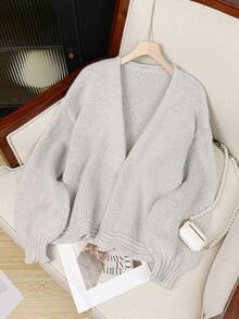 Áo khoác cardigan dáng rộng thời trang màu trơn thanh lịch cho nữ, áo len tay loe trễ vai, áo khoác dệt kim polyester đa năng cho thường ngày, hẹn hò, thu/đông - Kaki nhạt - Xem 8