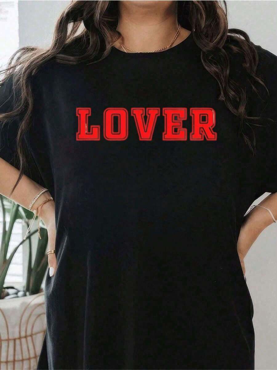 Camiseta gráfica "Amante" de algodón ,Camiseta informal de algodón de verano para mujer, manga corta, cuello redondo, 220 g/m2 (1 pieza) - Negro - Ver 1