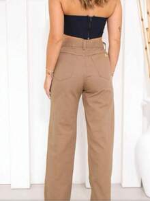 Women's Wide Leg Jeans, High Waist, Butt Lifting Pants - 卡其色 - 查看 2
