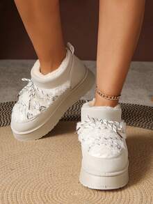 1 Pair Plus Size 36-42 Faux Fur Lined Warm Animal Quilted Punk Metal Eyelet Lace-Up Thick Sole Snow Boots, Outdoor/Holiday, Winter