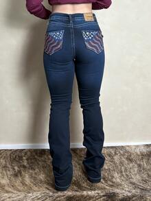 Calça Country Feminina Jeans Bordada EUA Flare Levanta Bumbum Elastano Rodeio Bootcut Texas Farn - Azul - Visão 10
