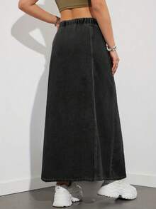 American Style Elastic Waist Loose Black Denim Skirt, Casual Mid-Length Denim Skirt, Fashionable Spring/Summer - Black - View 2