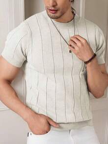 Men's Casual Crew Neck Solid Color Short Sleeve Knit T-Shirt - Màu be - Xem 5