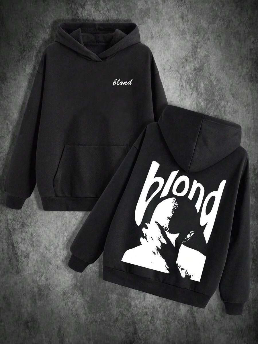 Men's 450g Heavyweight High-Quality Hoodie | Large "Blond" Text & Human Silhouette Print | Casual Long-Sleeve Pullover Hoodie With Pocket For Autumn & Winter (Suitable For Daily Wear & Gifting) - 黑色 - 查看 1