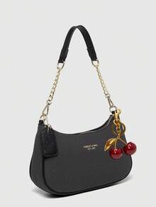 新款时尚经典百搭字母图案装饰设计纯色PU防水面料单肩包月牙包腋下包适合逛街，可斜挎。带樱桃吊坠装饰，夏日新月包，海边度假，开学季，女士钱包。 - 黑色 - 查看 4