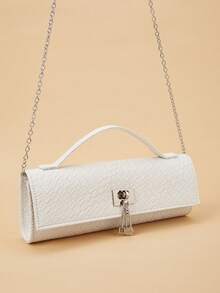 REMANLAND Geantă de mână lucioasă cu model de crocodil, geantă de mână de lux pentru femei, nouă pentru petreceri, geantă lungă elegantă, cu pandantiv metalic, potrivită pentru a fi asortată cu rochii elegante, ideală pentru petreceri de vară, întâlniri, gale, nunți și multe altele - alb - Vizualizare 6