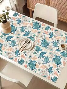 1pc Sea Turtle Themed Printed Table Runner, 4pcs Animal Sea Turtle Printed Placemats, Suitable For Holidays, Parties, Birthdays, Dinners, Kitchen & Dining Room Table Decor, All Season Home & Living Decor
