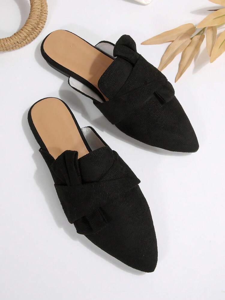 黑色穆勒鞋，尖头女式露背一脚蹬乐福鞋，绒面革面料，蝴蝶结装饰，百搭优雅平底穆勒鞋，适合所有季节 - 黑色 - 查看 6