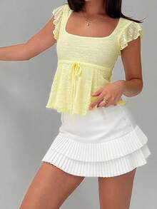 Women Square Neck Peplum Top Y2k Cap Sleeve Layered Ruffle Trim Printed Top Lace Up Slim Fit Solid Color Shirt - Vàng nhạt - Xem 2