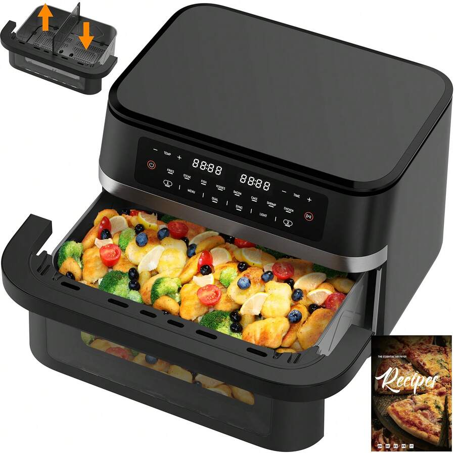 Frytkownica na gorące powietrze o pojemności 11 l, dwustrefowa | Airfryer 2950W z okienkiem i oświetleniem, podwójna komora z wyjmowaną przegrodą, funkcja Sync Cook & Finish, dioda LED Touch, 8 programów, kosz nadający się do mycia w zmywarce, zdrowe i beztłuszczowe, automatyczne wyłączanie - Wtyczka UE typ E (220–240 V) - Zobacz 1