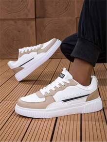 New Men Thick Sole Skateboard Shoes, Fashionable Korean Style, All Season Sports Shoes, Stylish Breathable White Shoes, Flat Skateboard Shoes, Versatile Sneakers - Khaki - View 5