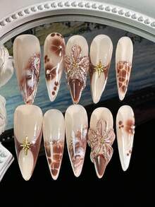 10片手工美甲贴片，羊肚菌咖啡3D立体花朵美甲贴片，秋季美甲，金色花朵和动物纹印花，秋季盛开闪亮尖头凝胶美甲贴片，适合女性和女孩日常佩戴，美甲用品，手工按压式美甲贴片 - 棕色 - 查看 3