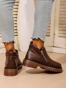 Botas Chelsea com Zíper Oblíquo para Mulheres, Bico Redondo, Salto Grosso, Botas de Tornozelo em Couro PU Marrom, Slip-On, Botas Curtas de Estilo Americano da Moda, Adequadas para Primavera e Outono