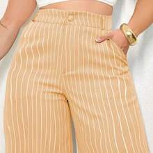A&DD MODA, REF: H932(PLUS SIZE) - Plus Size Women's Striped Pants, Stylish Plus Size, High Waist, Wide Leg, Elegant, Casual, Formal, Lightweight, Modern, Comfortable, Women's Pants, Lightweight Fabric, Striped Print, Simple Look, Versatile, High Quality ✨ - 棕色 - 查看 8