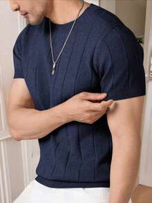 Men's Casual Crew Neck Solid Color Short Sleeve Knit T-Shirt - Navy Blue - View 3